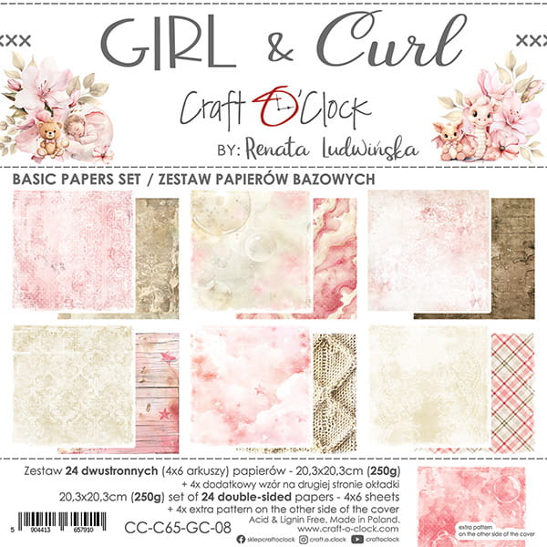 GIRL & CURL 8" X 8" MINI SET OF BASIC PAPERS - CRAFT O'CLOCK