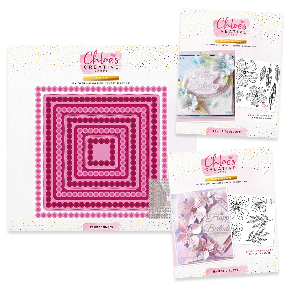 CHLOES CREATIVE CARDS PEARLY SQUARES DIES & FLOWER STAMP BUNDLE