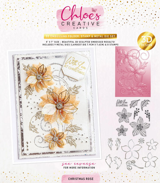 CHLOES CREATIVE CARDS 3D EMBOSSING FOLDER, STAMP AND METAL DIE SET - CHRISTMAS ROSE