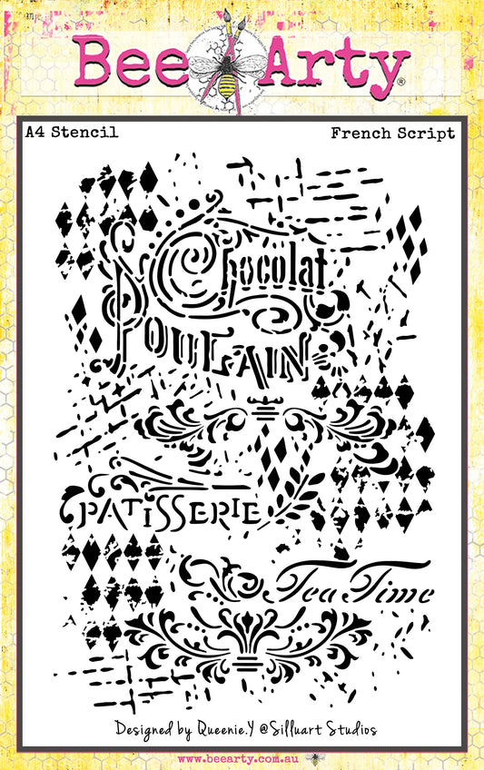 FRENCH SCRIPT A4 STENCIL BY BEE ARTY