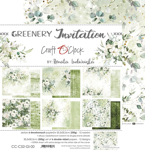 GREENERY INVITATION 12" X 12" SET OF PAPERS - CRAFT O'CLOCK