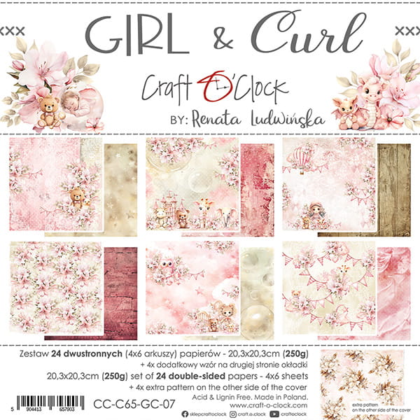 GIRL & CURL 8" X 8" SET OF PAPERS -  CRAFT O'CLOCK