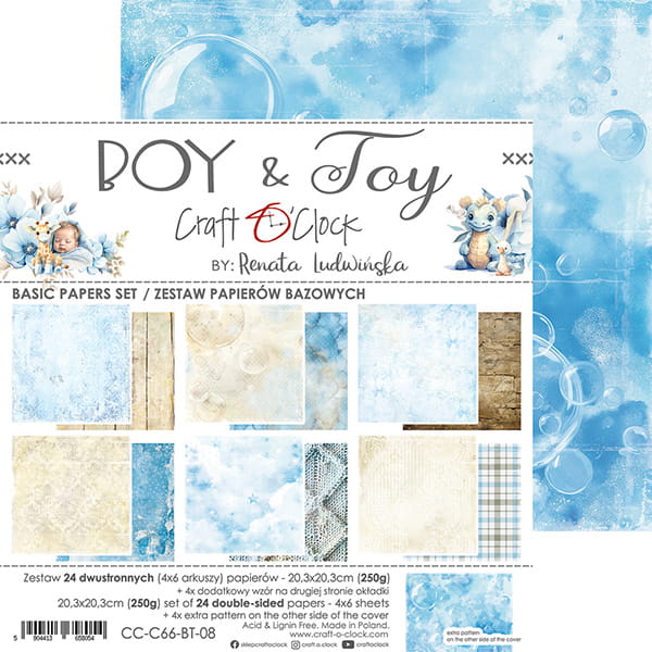 BOY & TOY 8" X 8" MINI SET OF BASIC PAPERS -  CRAFT O'CLOCK
