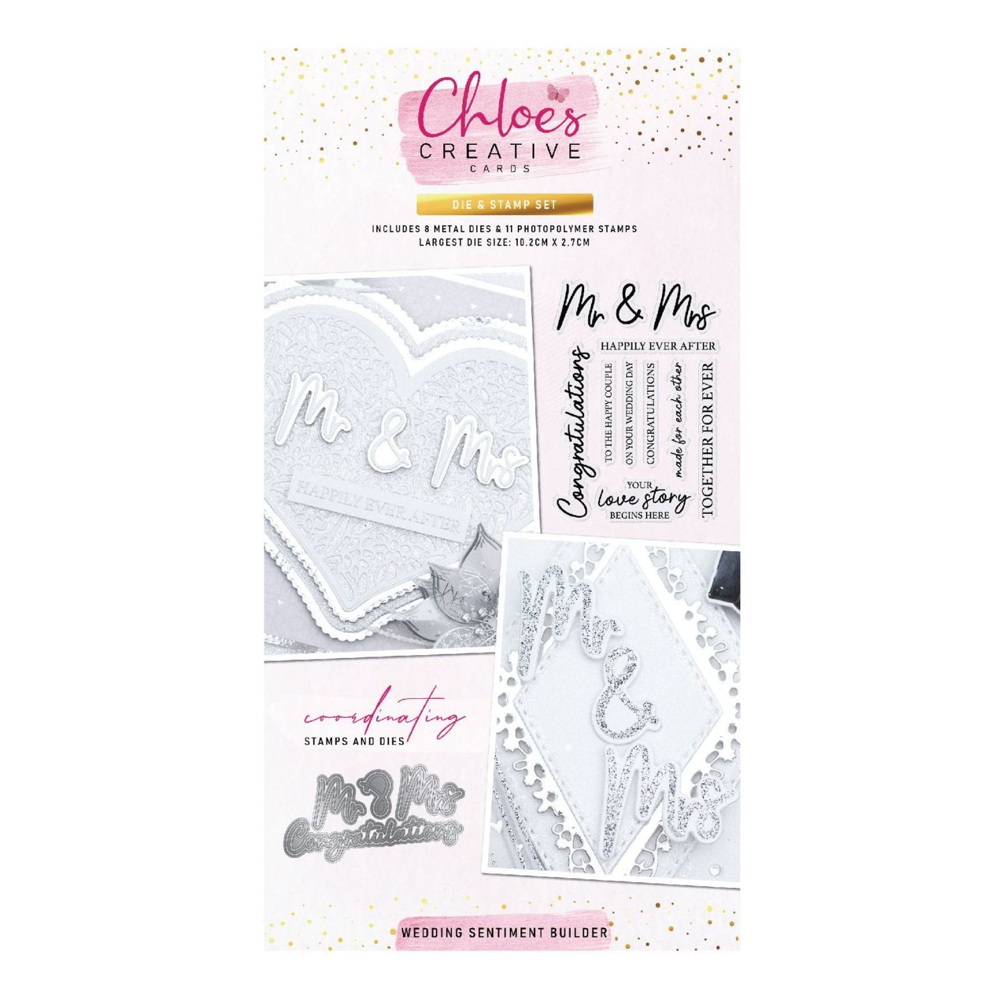 CHLOES CREATIVE CARDS METAL DIE & STAMP SET - WEDDING SENTIMENT BUILDER