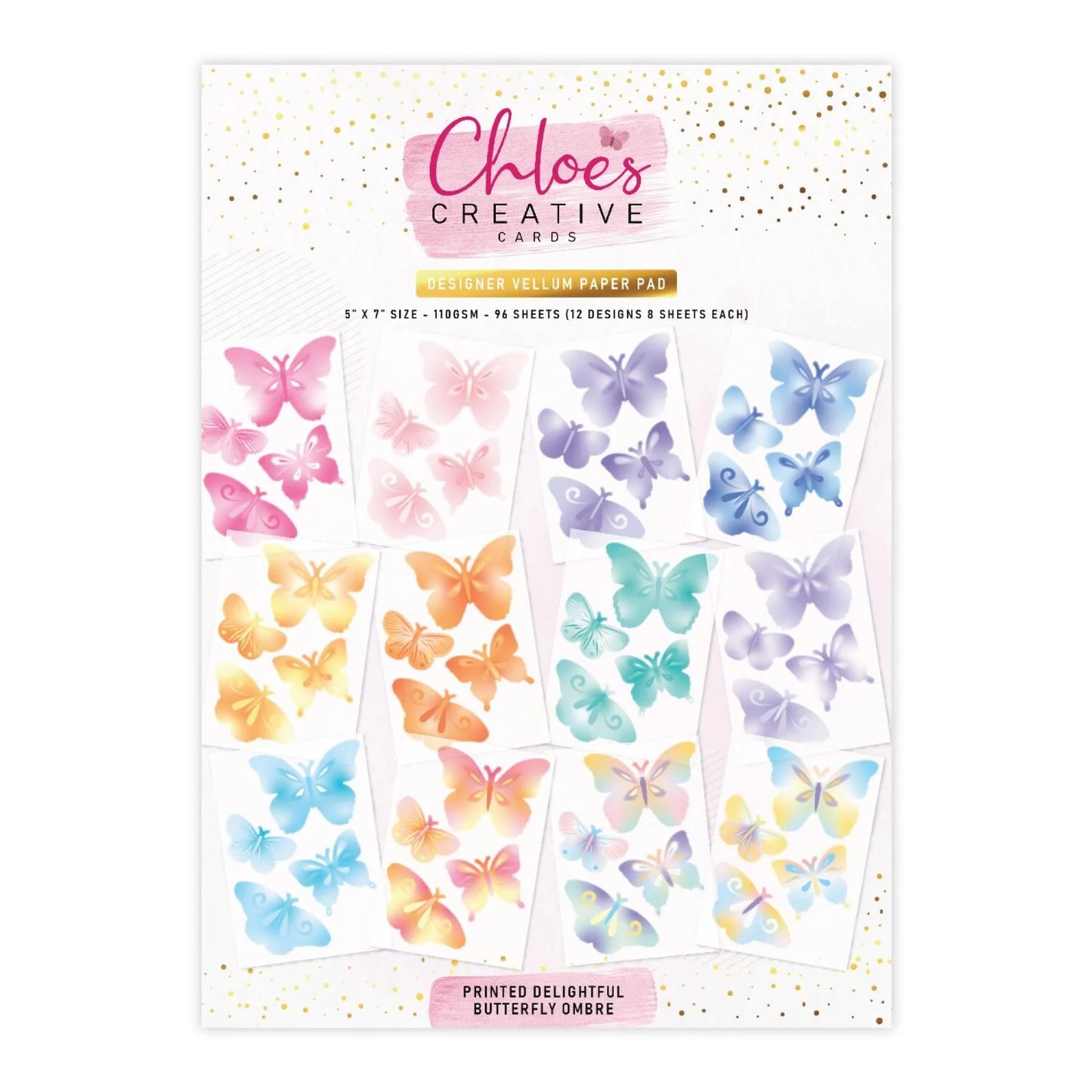 CHLOES CREATIVE CARDS DESIGNER VELLUM PAPER PAD - PRINTED DELIGHTFUL BUTTERFLY OMBRE