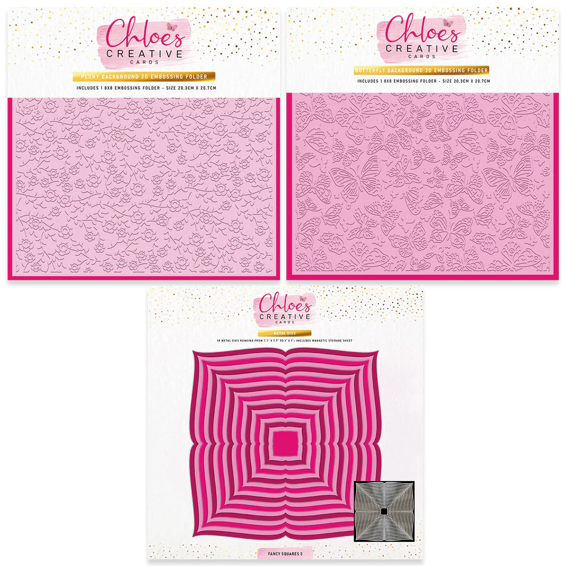 CHLOES CREATIVE CARDS PEONY COLLECTION 8" X 8" EMBOSSING FOLDERS AND METAL DIES
