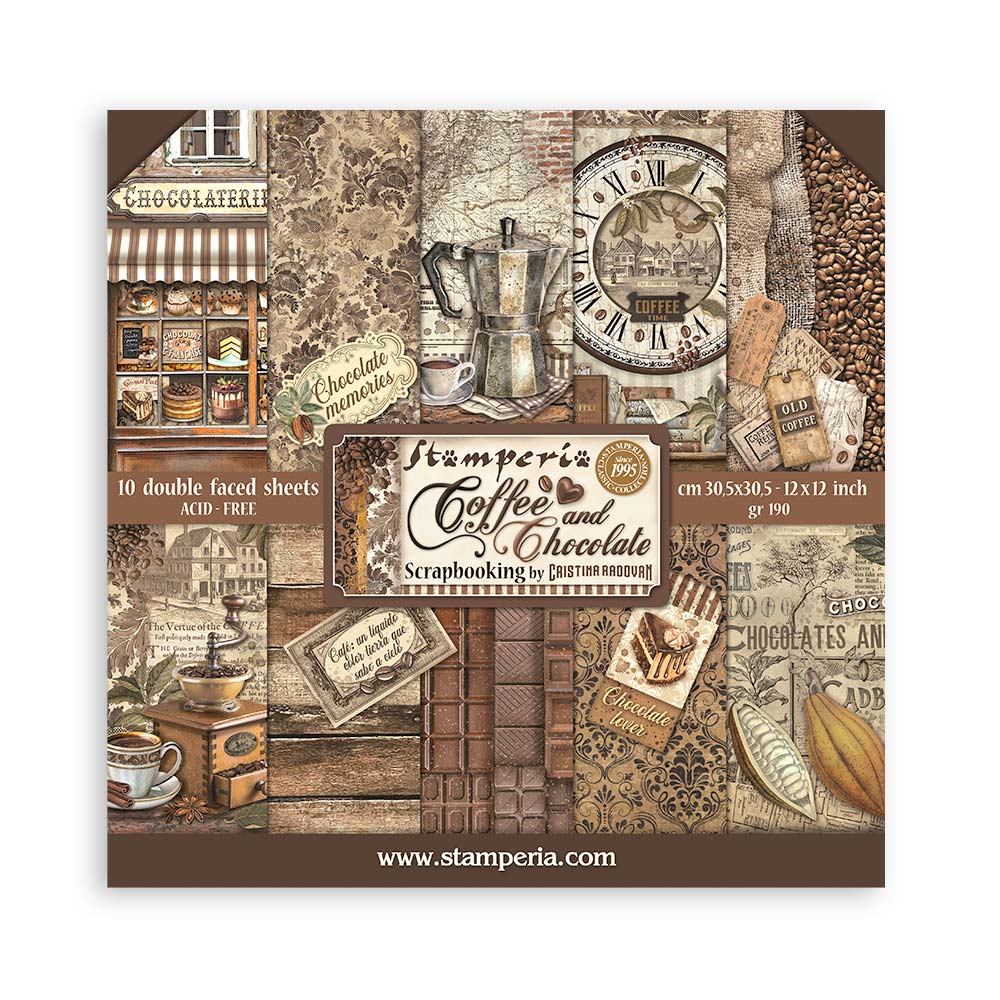 STAMPERIA DOUBLE SIDED 10 PAGE 12" X 12" PAPER PAD - COFFEE AND CHOCOLATE