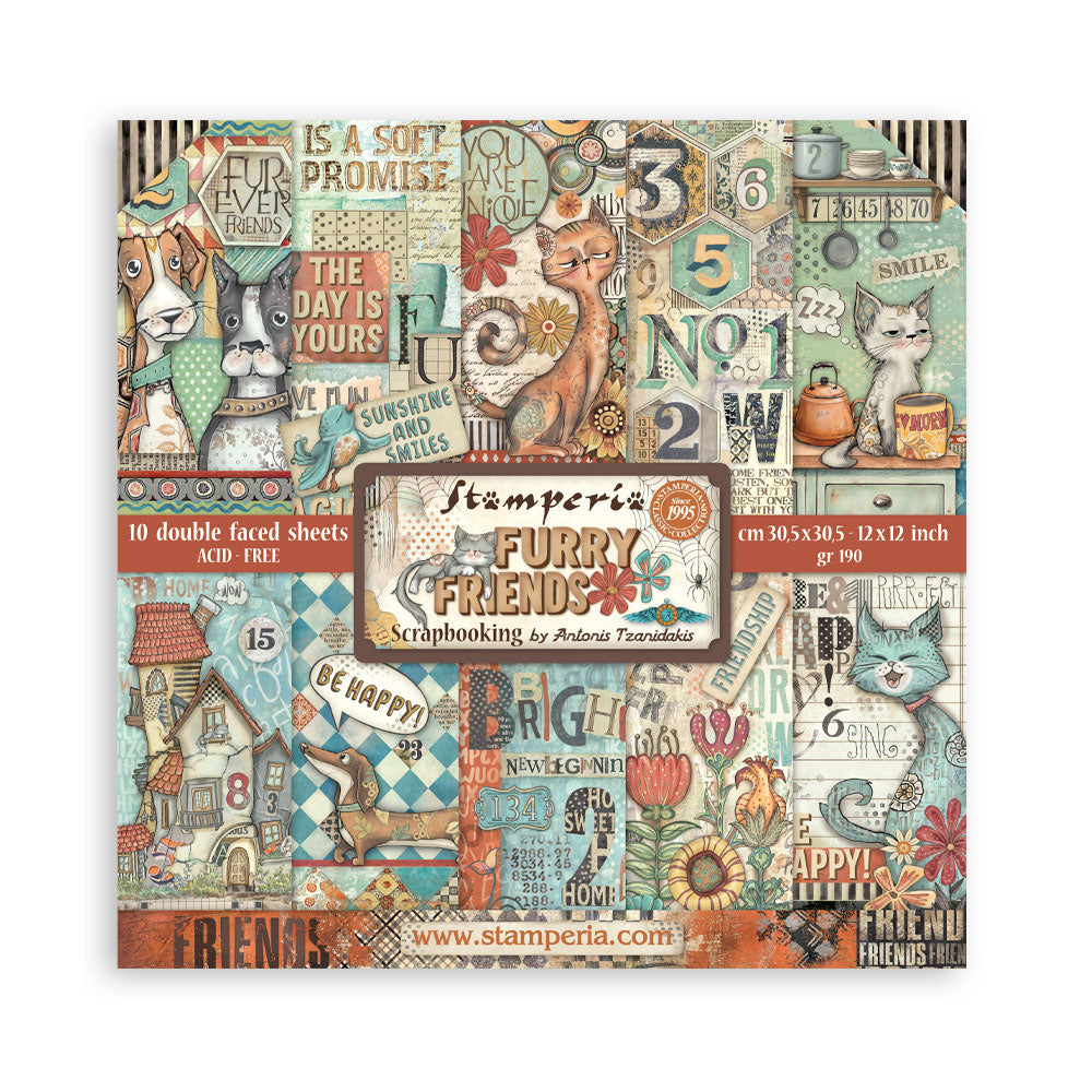 STAMPERIA 12" X 12" DOUBLE FACED PAPER PAD - FURRY FRIENDS