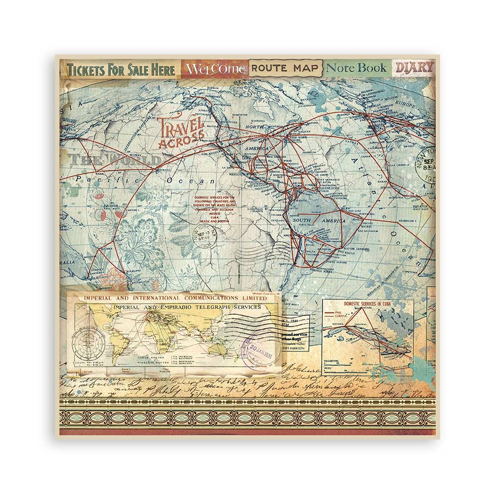 STAMPERIA 8" X 8" DOUBLE FACED PAPER PAD - ART OF TRAVELLING