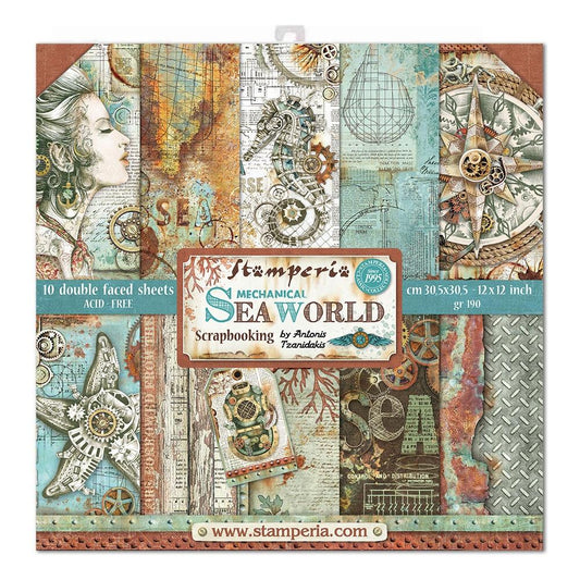 STAMPERIA DOUBLE SIDED 10 PAGE 12" X 12" PAPER PAD - MECHANICAL SEA WORLD