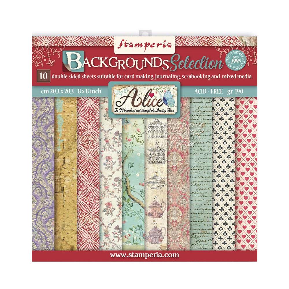 STAMPERIA DOUBLE SIDED 10 PAGE 8" X 8" BACKGROUND SELECTION PAPER PAD - ALICE