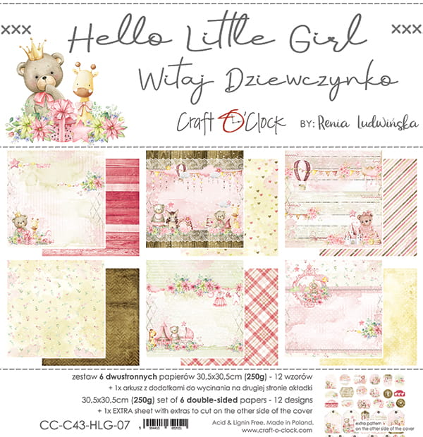 HELLO LITTLE GIRL 12" X 12" SET OF PAPERS - CRAFT O'CLOCK