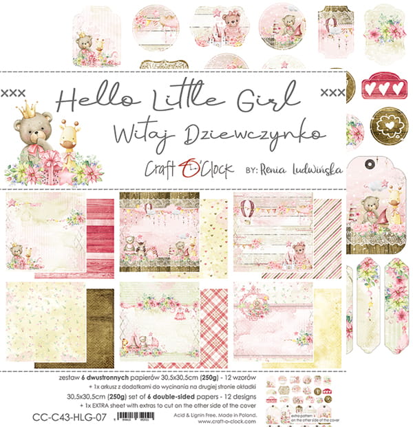 HELLO LITTLE GIRL 12" X 12" SET OF PAPERS - CRAFT O'CLOCK