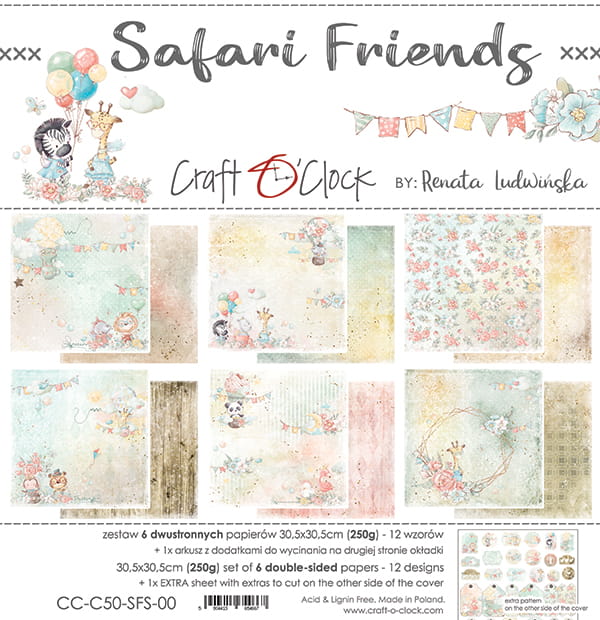 SAFARI FRIENDS 12" X 12" SET OF PAPERS - CRAFT O'CLOCK