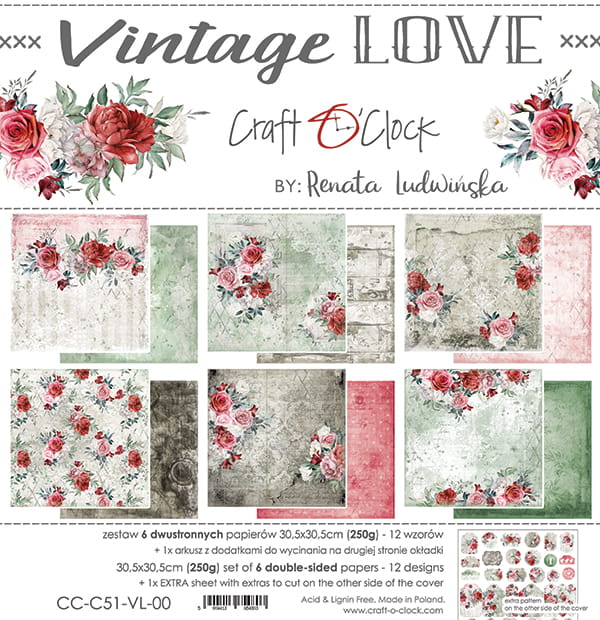 VINTAGE LOVE 12" X 12" SET OF PAPERS - CRAFT O'CLOCK