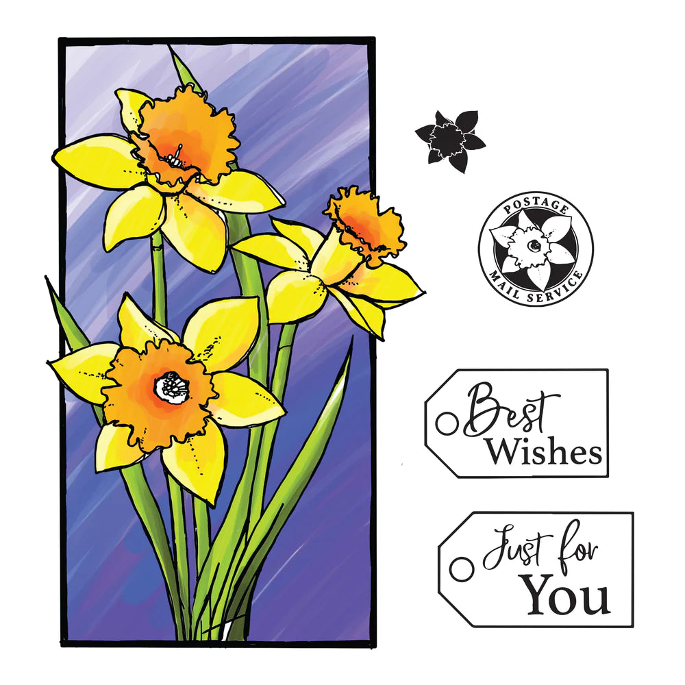 STAMP AND COLOUR OUTLINE STAMP SET - FRAMED DAFFODILS - BY COUTURE CREATIONS