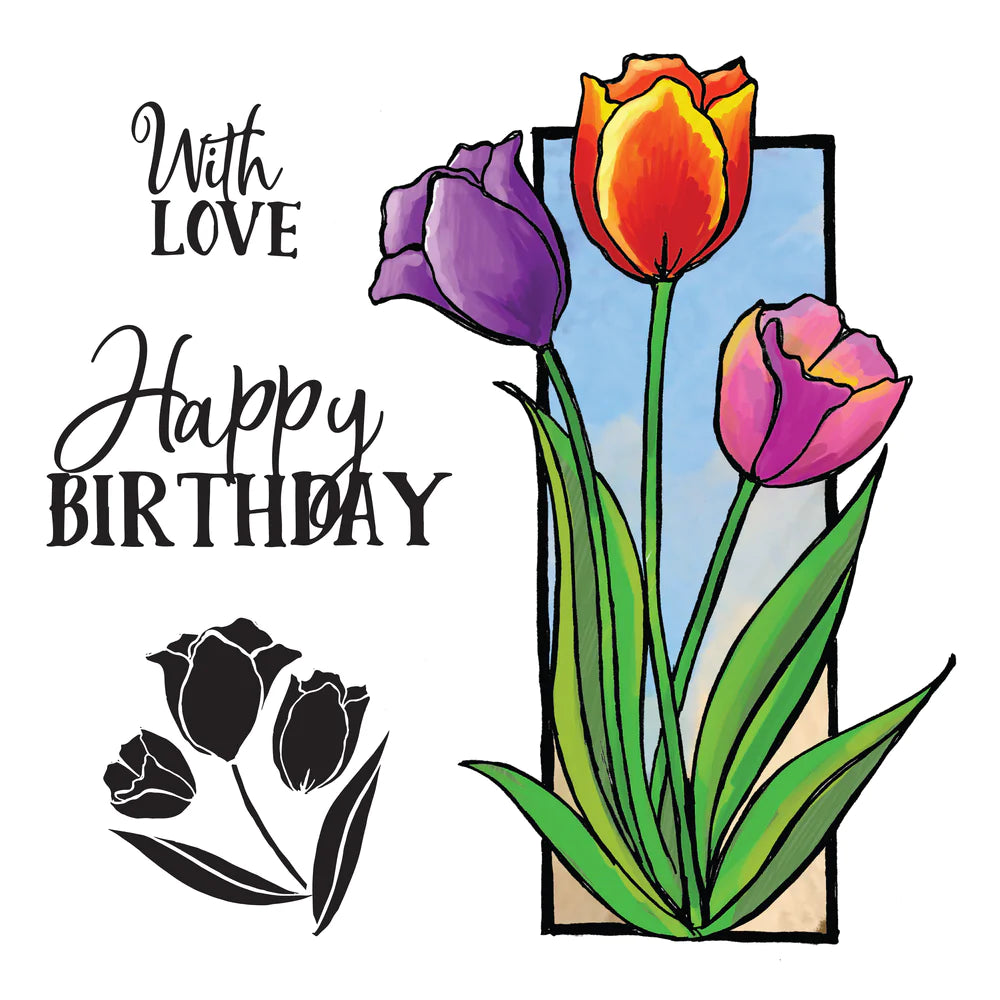 STAMP AND COLOUR OUTLINE STAMP SET - FRAMED TULIPS - BY COUTURE CREATIONS