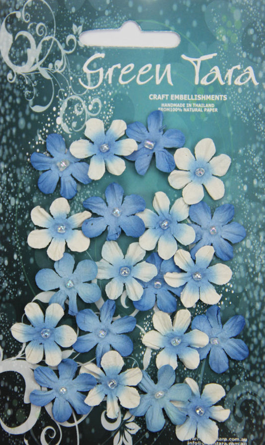 GREEN TARA FLOWER PACK - 20 MINI FLOWERS - BRIGHT BLUE/WHITE