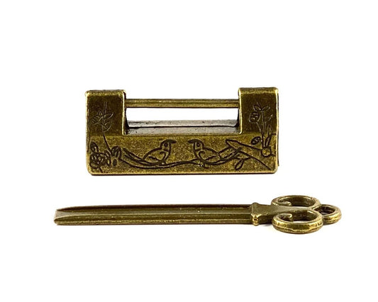 BOX LOCK WITH ORNATE BIRDS AND KEY - GOLDEN BRONZE