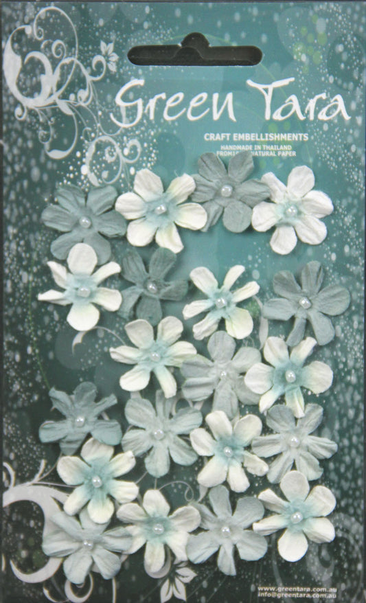 GREEN TARA FLOWER PACK - 20 MINI FLOWERS - BLUE/WHITE