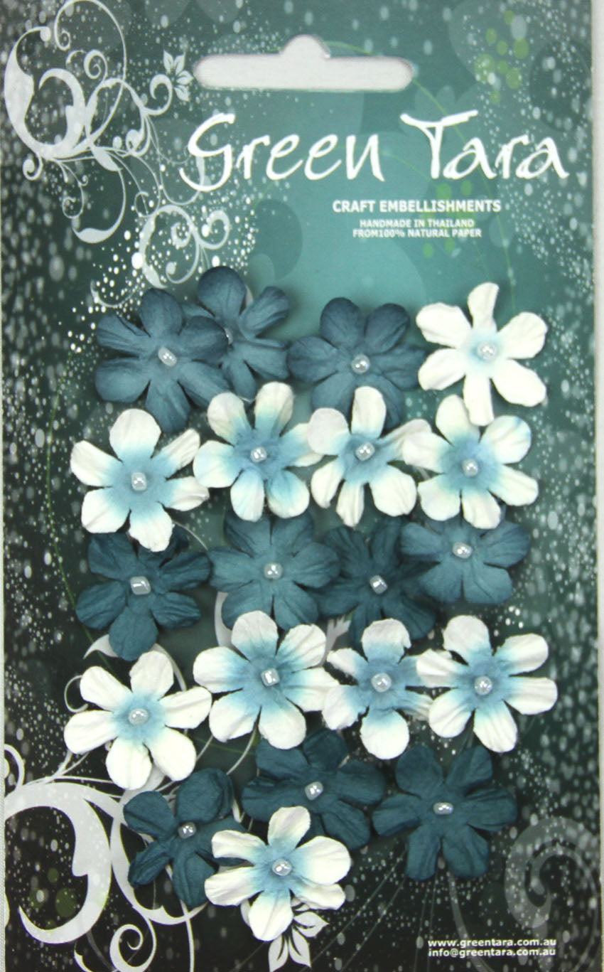 GREEN TARA FLOWER PACK - 20 MINI FLOWERS - TEAL/WHITE