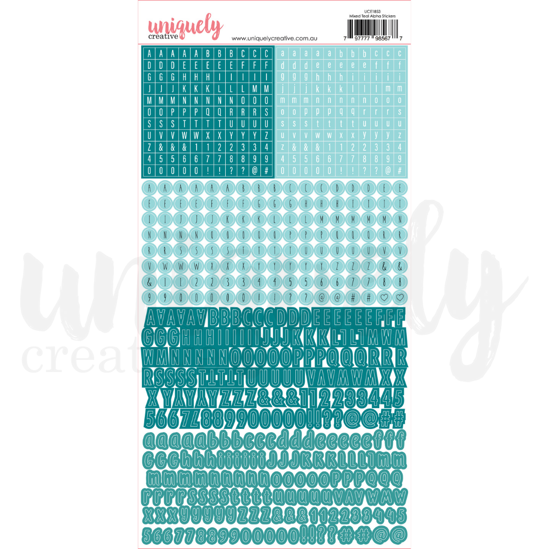 MIXED TEAL ALPHA STICKERS - BY UNIQUELY CREATIVE