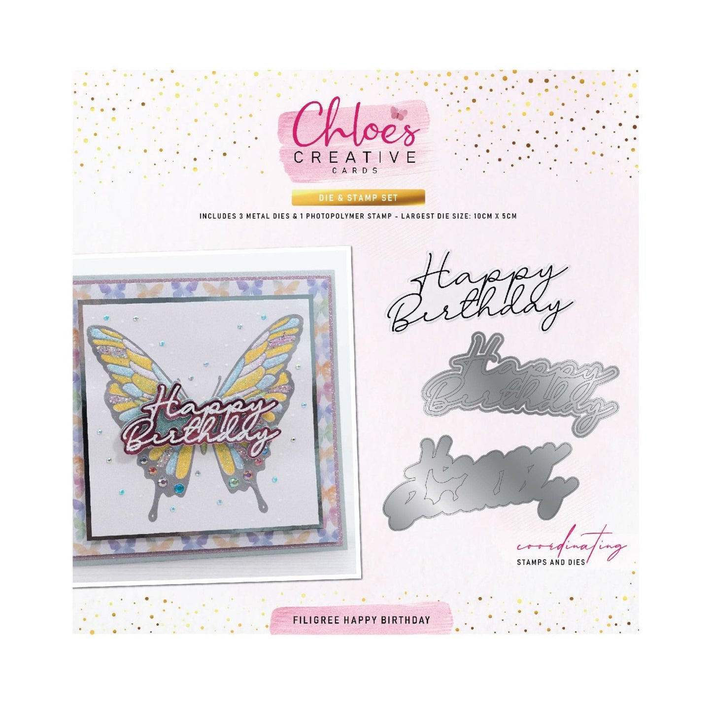 CHLOES CREATIVE CARDS DIE & STAMP SET - FILIGREE HAPPY BIRTHDAY